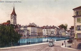 Zürich - Limmatquai und St. Peter (Tramway) 1915