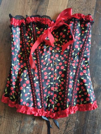 Corsage Vollbrust schwarz/rot cherry Kirschen *NEU* M oder L