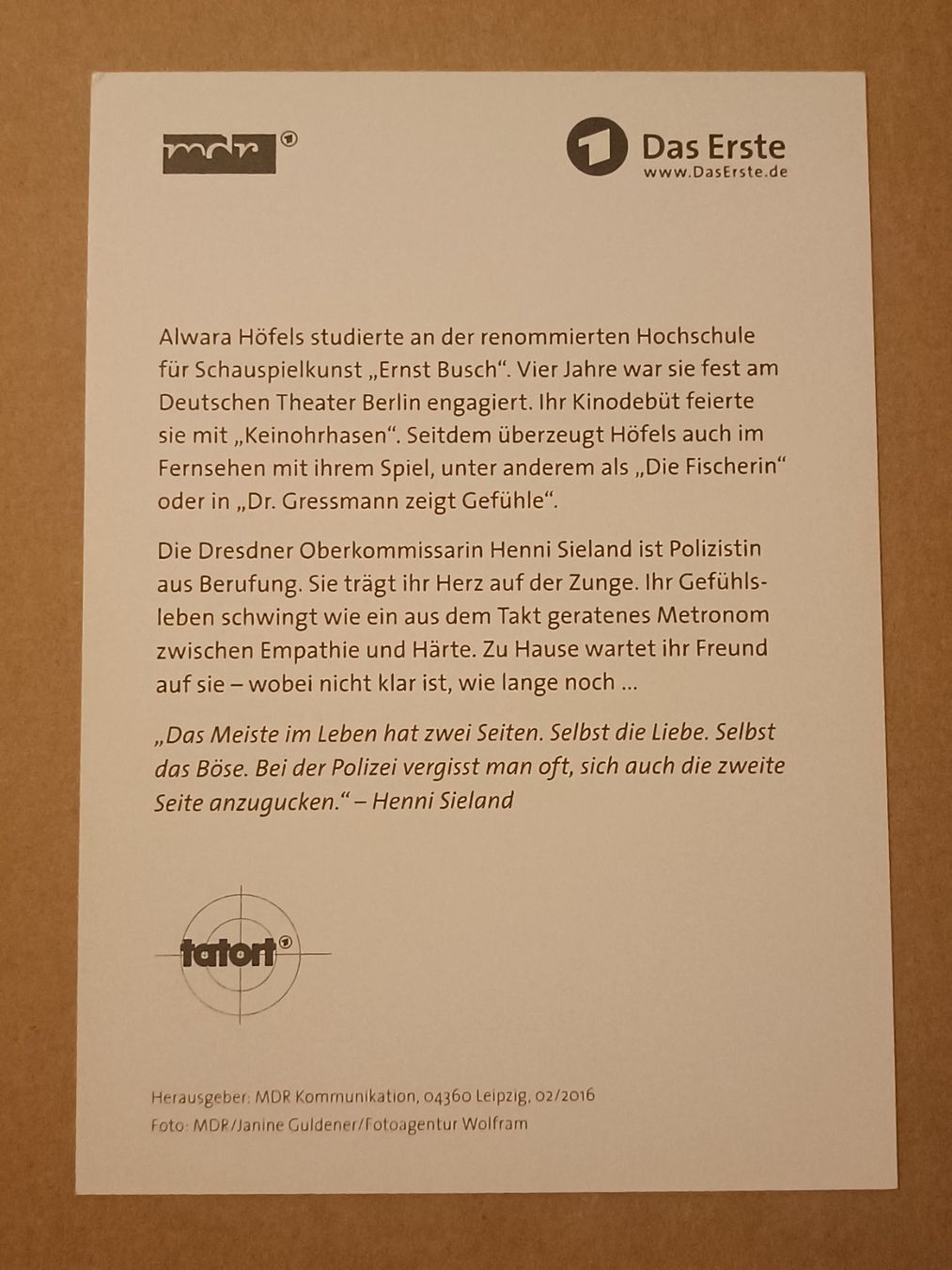 Autogramme: Alwara Höfels - handsignierte Tatort Autogrammkarte – Gebraucht aus Menziken von Artographs 1