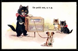 Katze mit Leierkasten und Welpen, vermen
