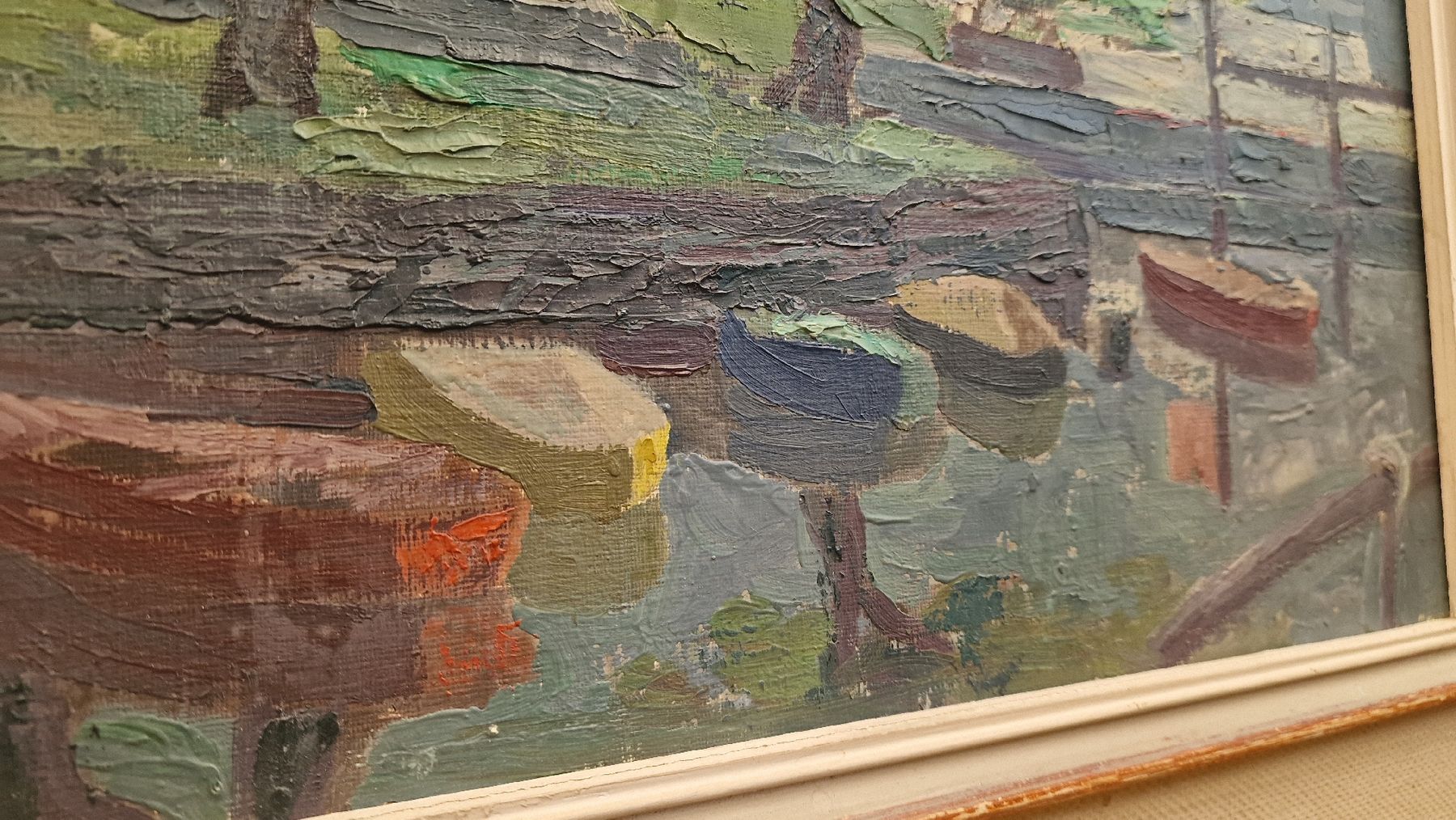 Dipinti: Gemälde "Boote am See", Öl auf Platte – Usato da BERN venduto da Intarsia 3