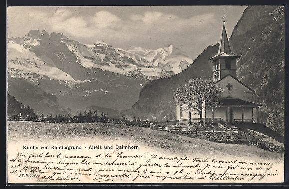 Cartoline postali: Kandergrund, Kirche, Altels und Balmhorn – Usato da Berlin venduto da bartko-reher