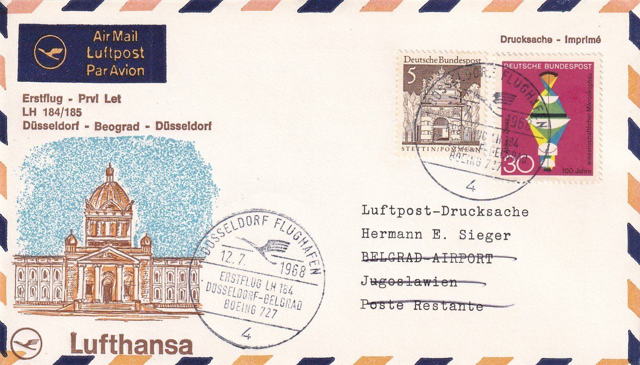 Tutti i francobolli: Erstflug Lufthansa Düsseldorf - Belgrad 1968 – Usato da Baar venduto da Asmara111