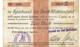 Wattenscheid 2 Mark +Stempel+U-Schrift 10.08.1914 SS++-VZ