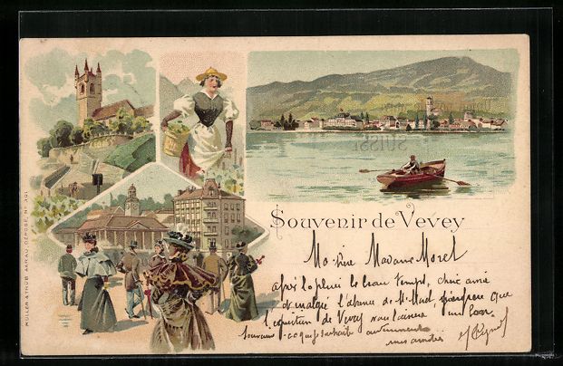 Cartoline postali: Litho Vevey, Ortsansicht mit Ruderpartie – Usato da Berlin venduto da bartko-reher