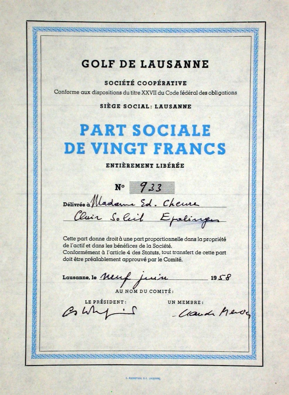 Documenti: Golf de Lausanne - Lausanne - 1958 – Usato da Solothurn venduto da Sgasche