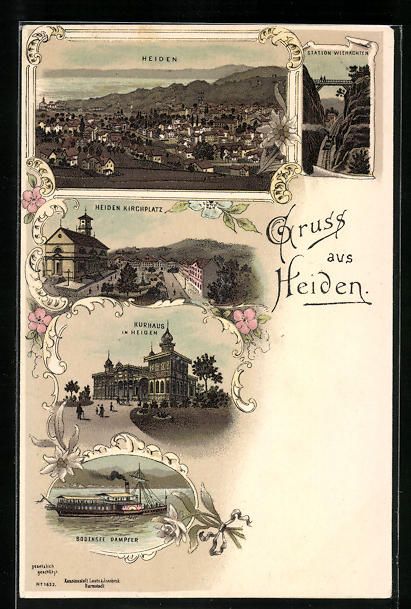 Cartoline postali: Litho Heiden, Kurhaus, Kirchplatz, Boden – Usato da Berlin venduto da bartko-reher