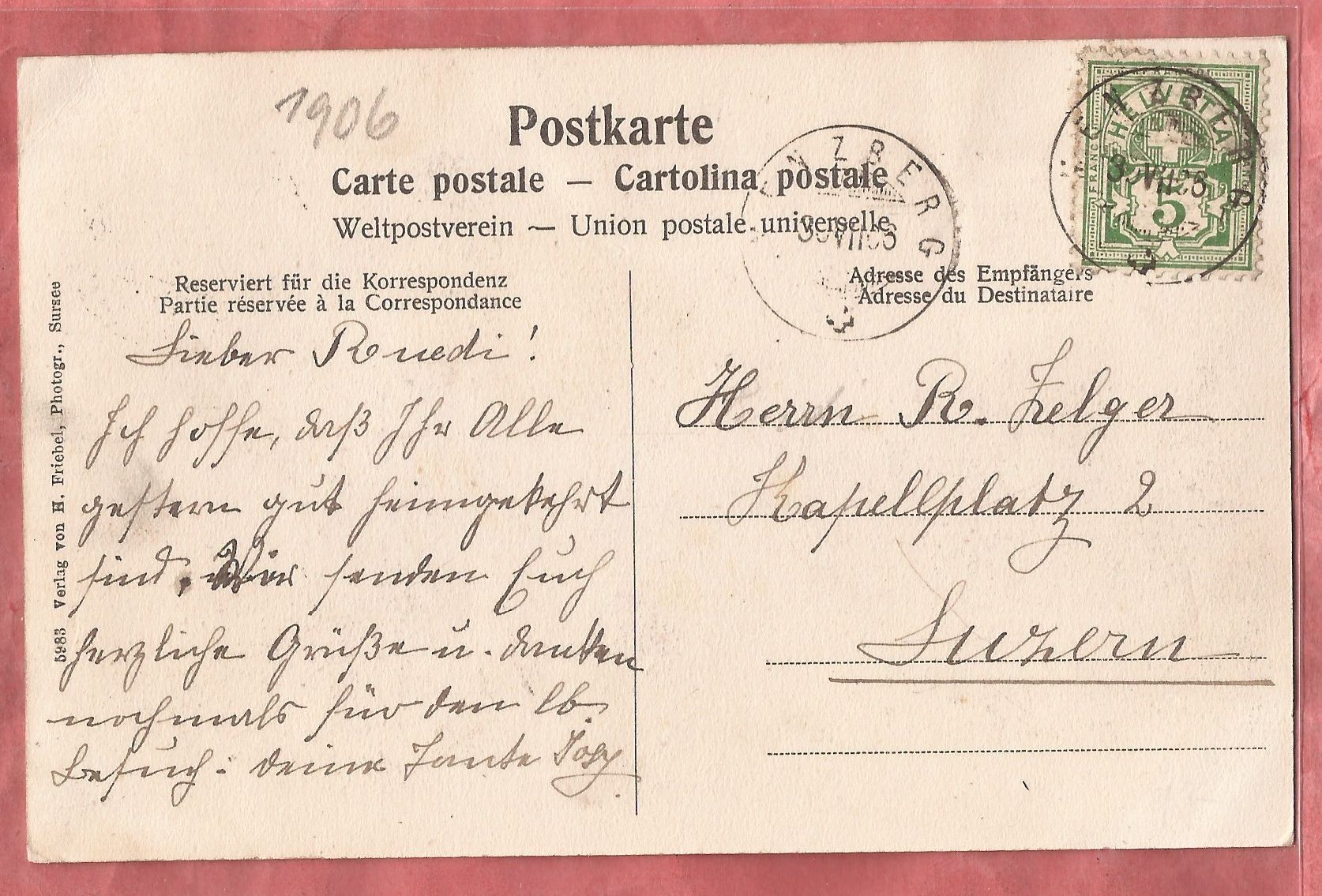 Cartoline postali: Menzberg bei Menznau - 1906 – Usato da Fislisbach venduto da Porano 1