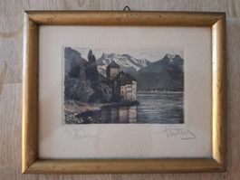 S. Luthy Gravure ancienne signée du Château de Chillon VAUD