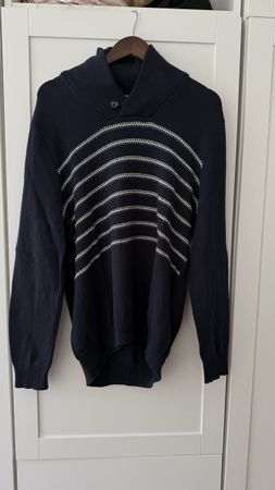 Stylish Men's Navy Blue Sweater with Stripes