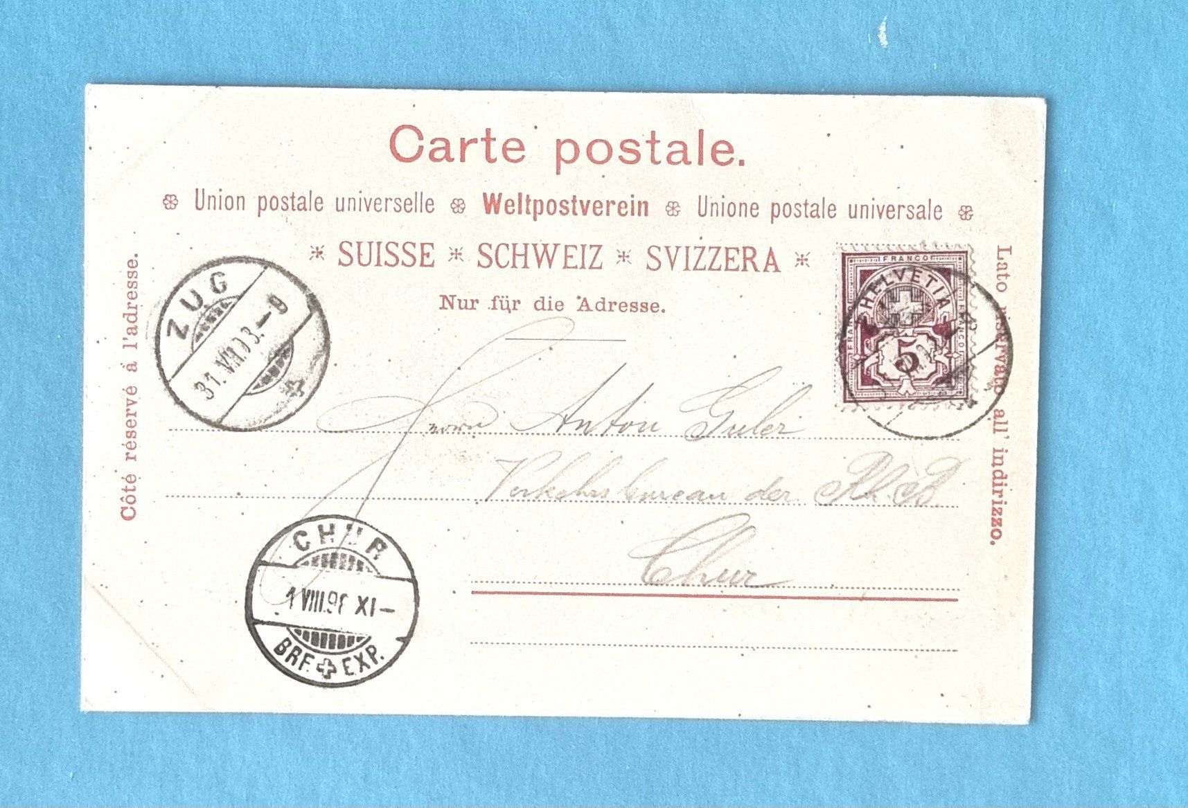 Cartoline postali: Zug - Pension Guggital - 1898 – Usato da Rothrist venduto da RROENK 1