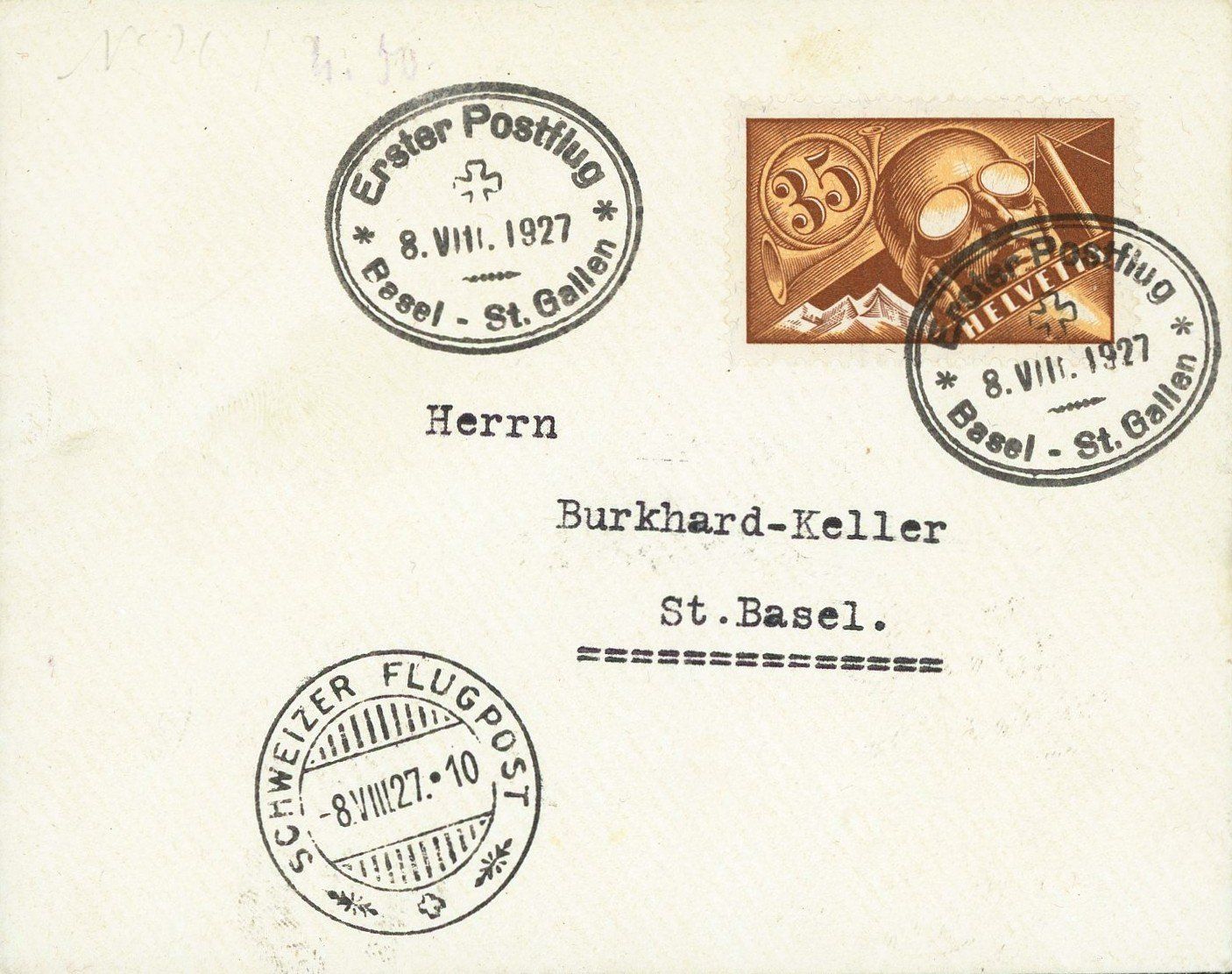 Tutti i francobolli: 1927: 1. Postflug Basel-St. Gallen, Brief mit Ak-Stempel – Usato da Basel venduto da Strubelibs