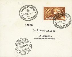 1927: 1. Postflug Basel-St. Gallen, Brief mit Ak-Stempel