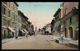 AK Morges, Straßenansicht mit Cafe und Geschäften