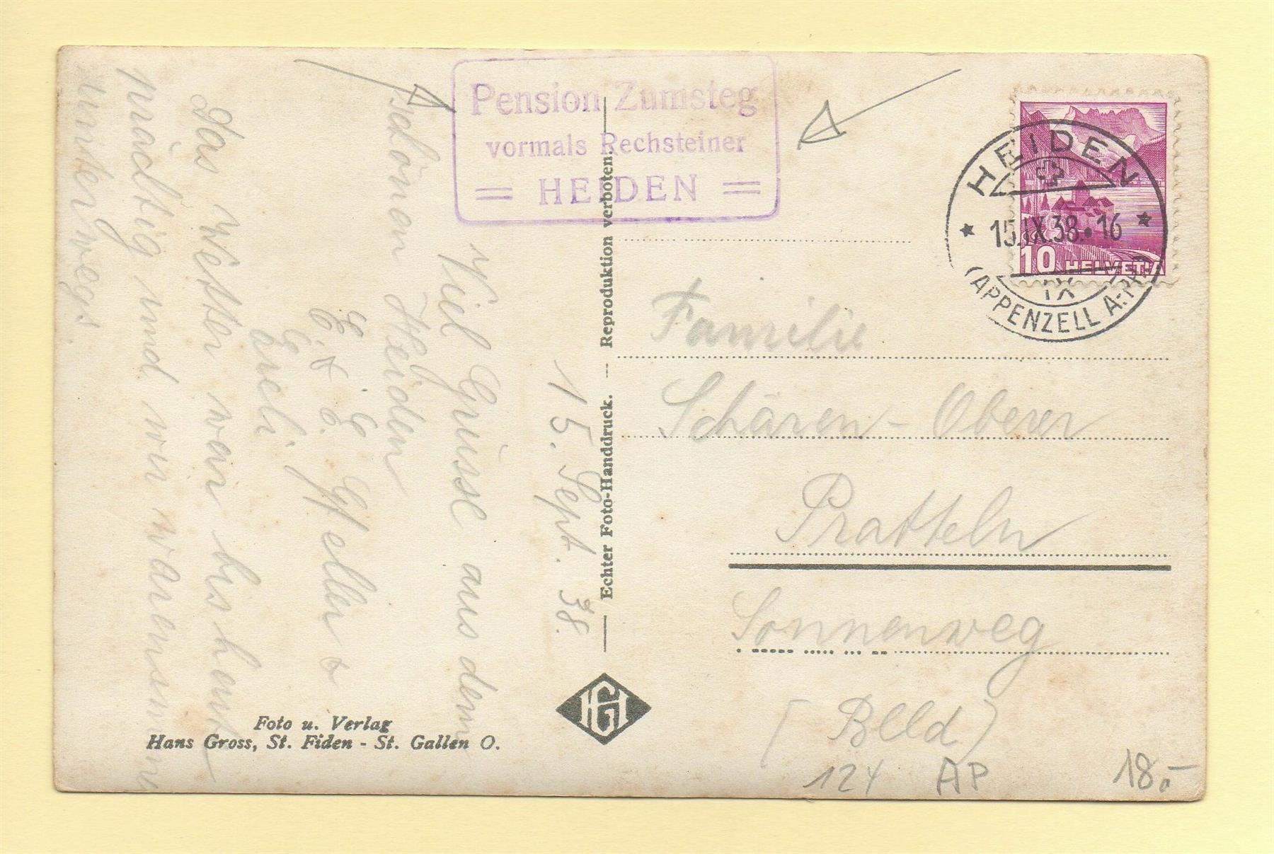 Cartoline postali: HEIDEN Stempel Pension Zumsteg – Usato da Jona venduto da philajona 1