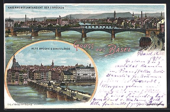 Cartoline postali: Litho Basel, Alte Brücke und Schifflän – Usato da Berlin venduto da bartko-reher