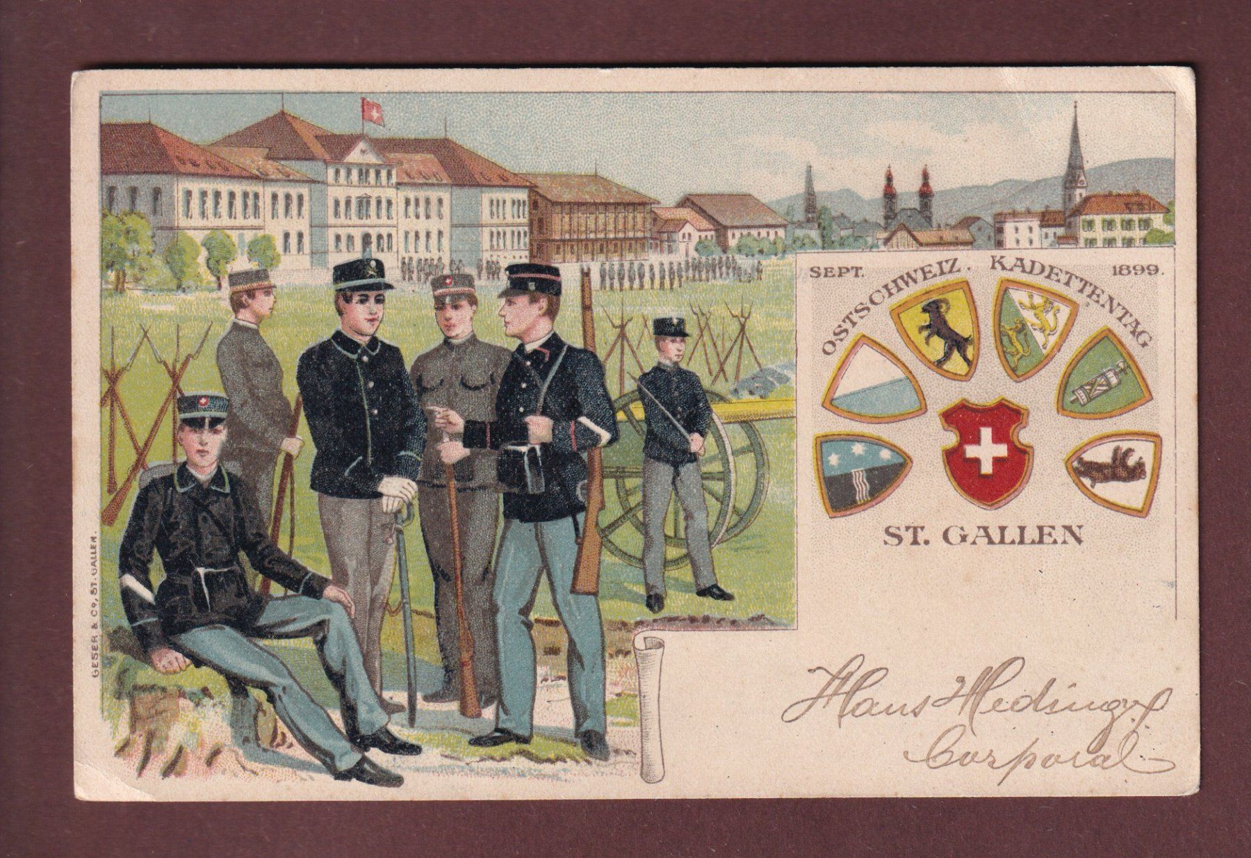 Cartoline postali: ST. GALLEN - Kadettentag 1899 // kleiner Eckbug // – Usato da Pully venduto da nicecards