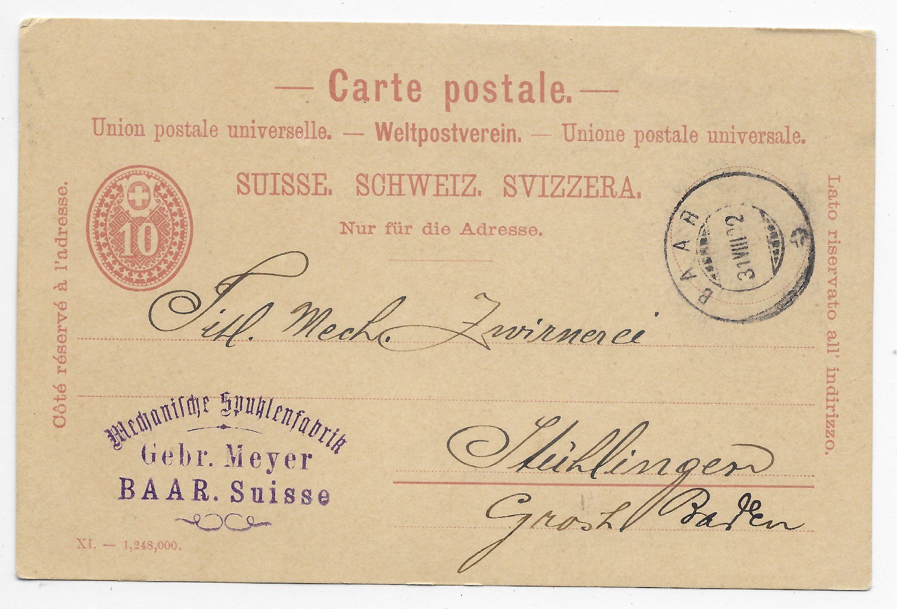 Tutti i francobolli: Mech.Spuhlenfabrik Gebr. Meyer Baar 1892 – Usato da Hefenhofen venduto da Richsalz