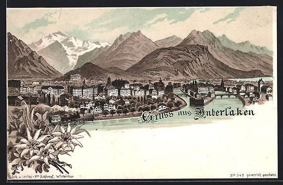 Ansichtskarten: Litho Interlaken, Ortsansicht mit Fluss  – Gebraucht aus Berlin von bartko-reher
