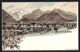 Litho Interlaken, Ortsansicht mit Fluss 