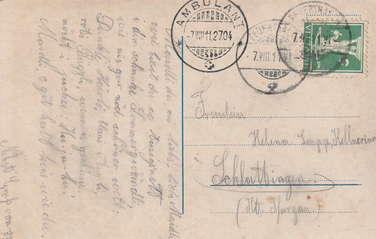 Cartes postales: Karte mit AMBULANT-Bahnpost-Stempel-1911 – D'occasion à uttwil par Koehlerfred