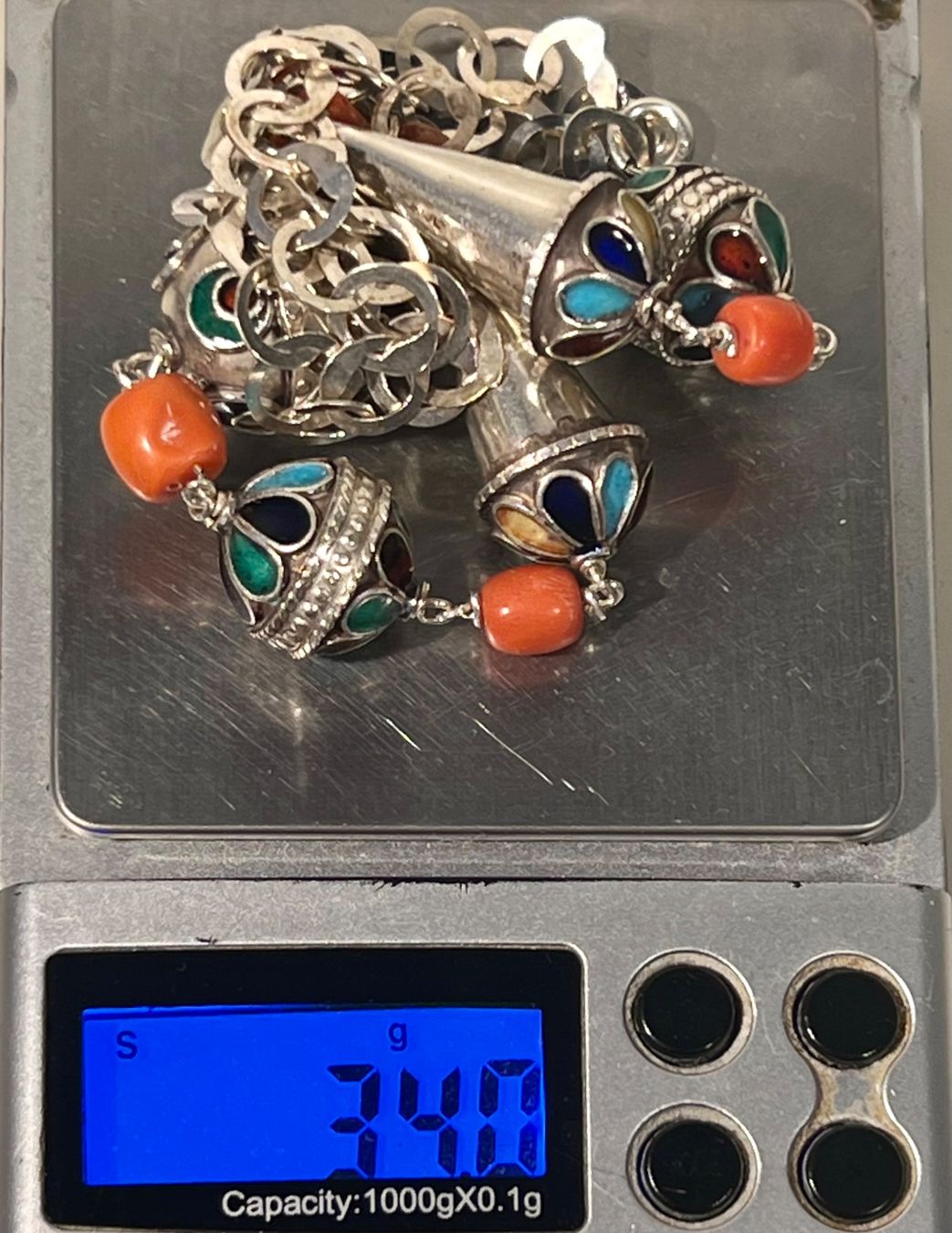 Catenine: Collier argent 925 corail véritable, émail cloisonné, Maroc – Usato da Genève venduto da DELIRBEADS 7