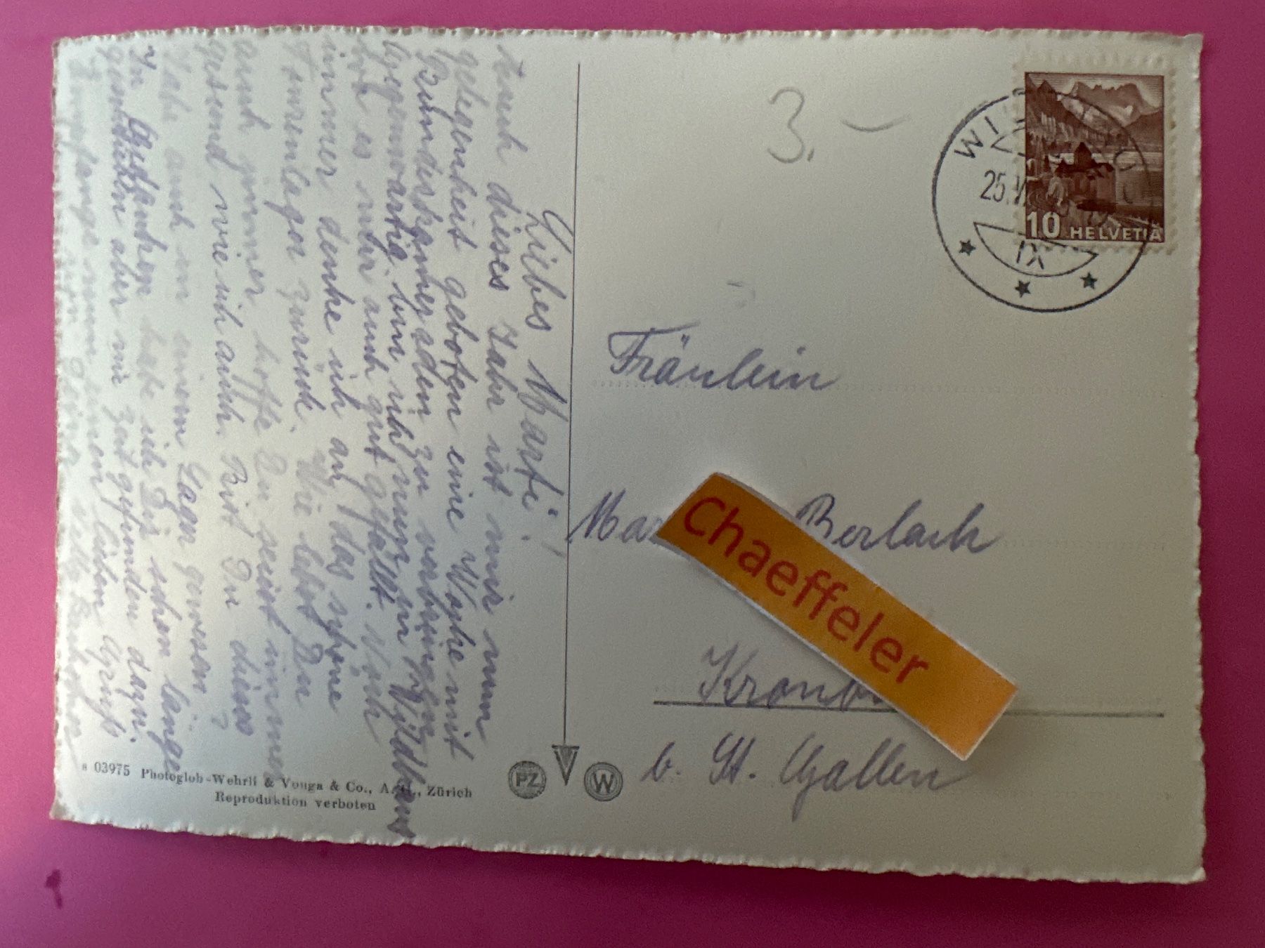 Cartoline postali: 1943 Zwingliheim - Wildhaus – Usato da Zürich venduto da Chaeffeler 1