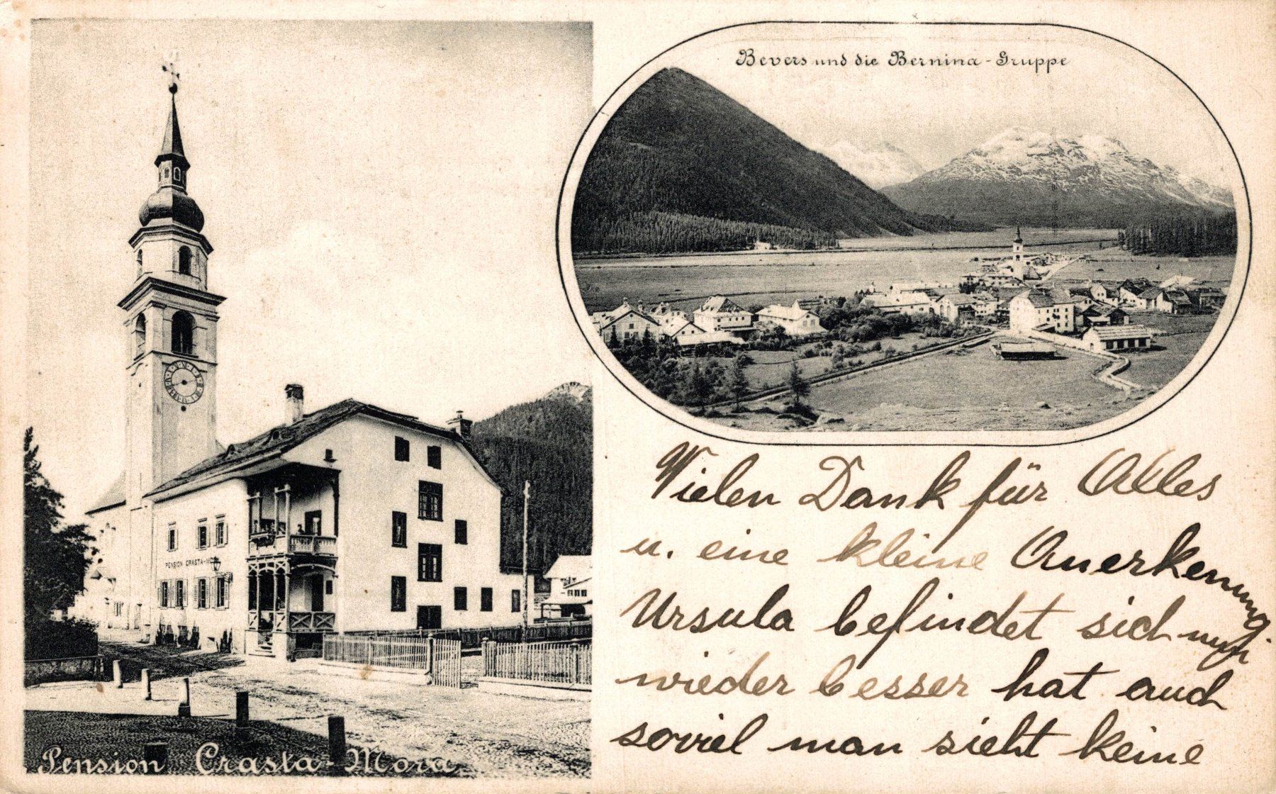 Cartoline postali: Bevers. Pension Crasta Mora, Kirche – Usato da Bronschhofen venduto da Astore