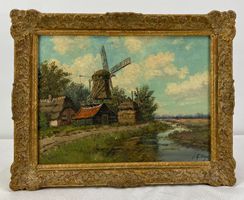 Ölgemälde Windmühle Ölbild Gemälde Antik Kunst Goldrahmen