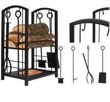 + Holzkorb mit Kaminbesteck Korb Besteck Kaminzubehör schwar