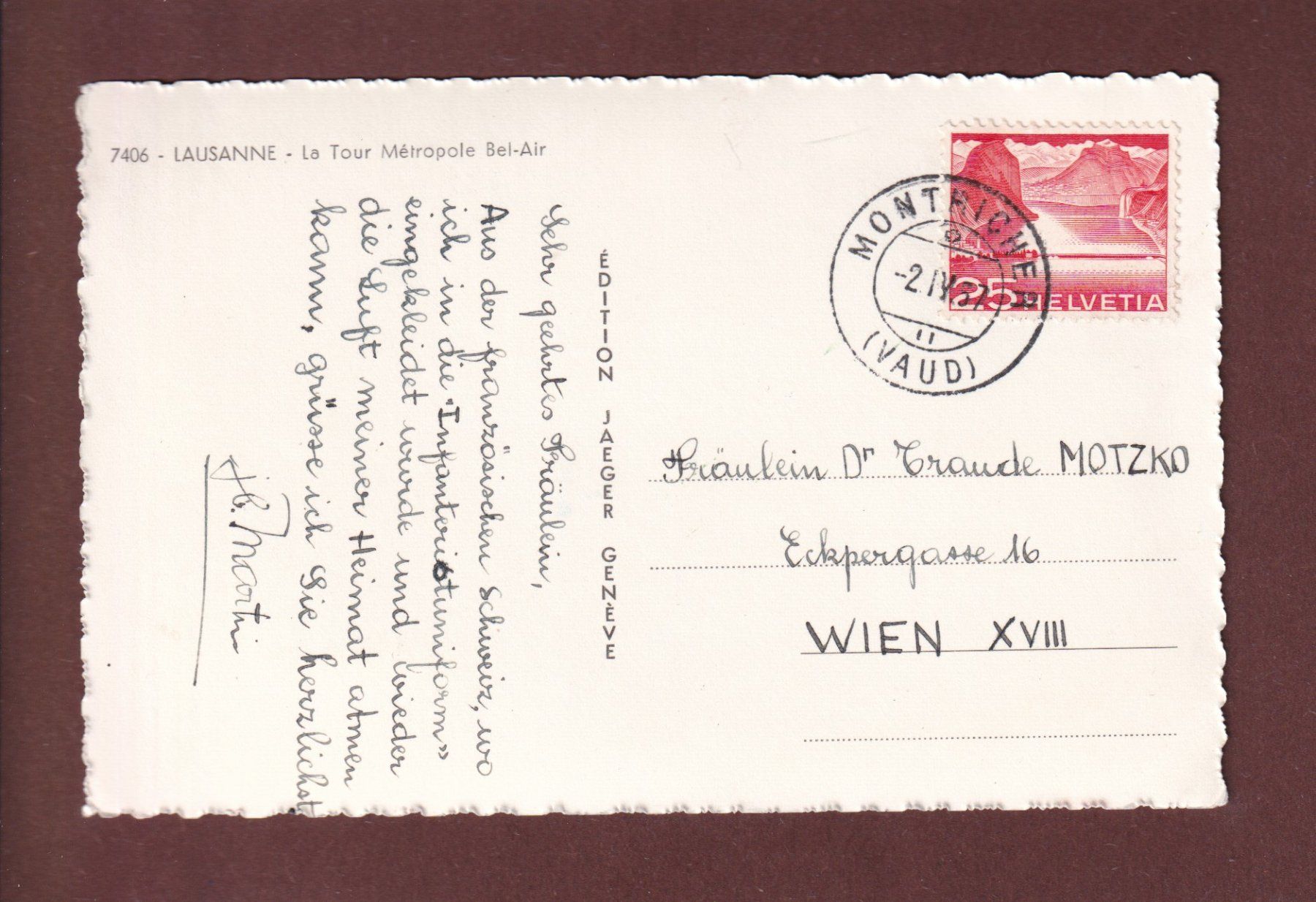 Cartoline postali: LAUSANNE - Tour Bel-Air - 1957 – Usato da Pully venduto da nicecards 1