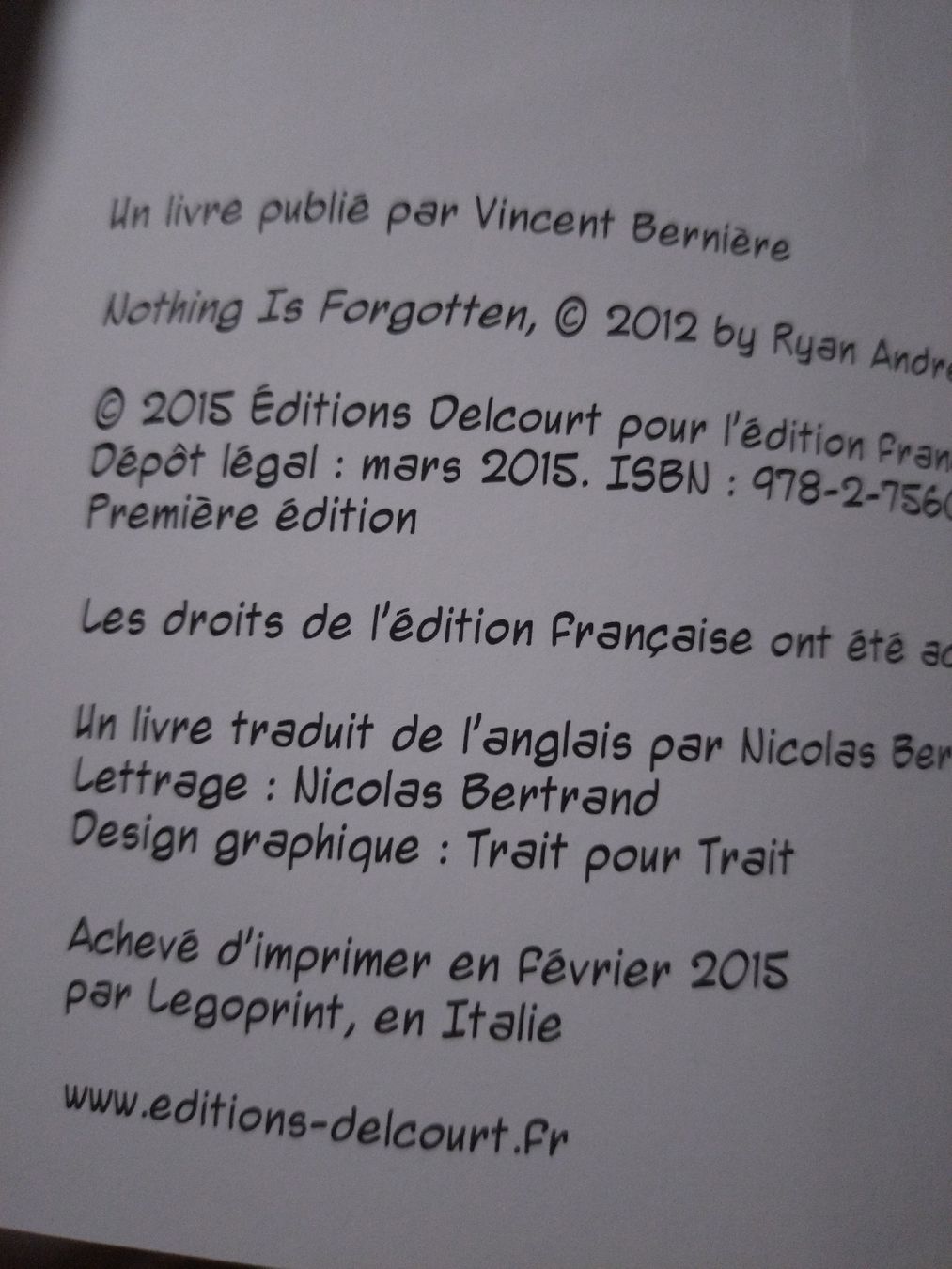 Comics: BD "Je n'ai rien oublié" Ryan Andrews, EO – Gebraucht aus Farvagny-le-Grand von LaCaverne 3