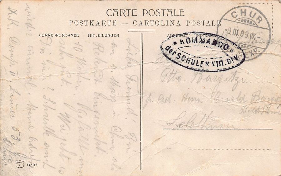 Cartoline postali: Chur, Feldpost 1908 KOMMANDO SCHULEN VIII. DIV. – Usato da Frauenfeld venduto da POML 1