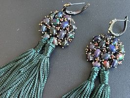 UNIKAT! Black Opal SS925 & 9k Gold Designer Pure Silk Tassel