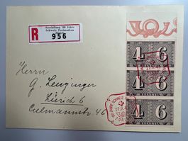 1943 100J. Schw. Postmarken 3xW15 senkr. auf Einges. Karte