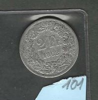 Fr.2.- 1862 u.E.Qualität mind. ss+/Ag 0.800/10gr/8g fein/rar