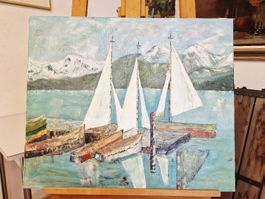 Ölgemälde Segelboote am See, signiert
