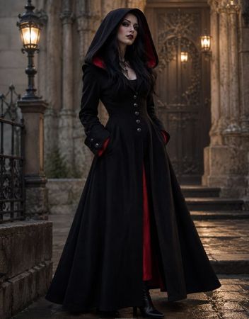 Gothicana Longcoat schwarz/rot – tailliert, lange Kaputze
