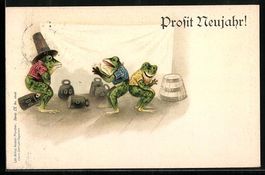 Litho Vermenschlichte Frösche beim Kraf