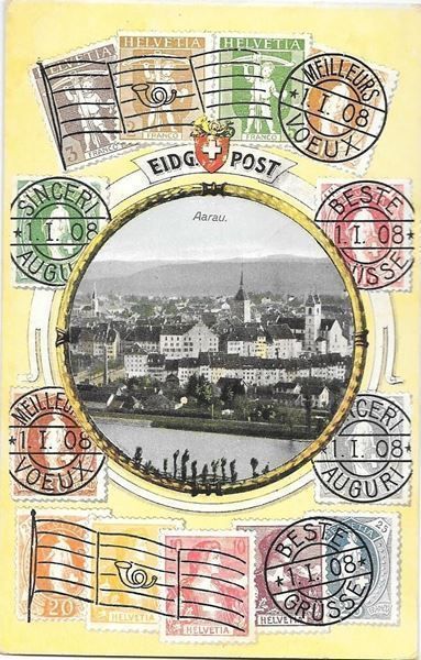 Cartoline postali: Aarau verziert mit Briefmarken – Usato da Olten venduto da clotaldi