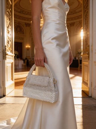 Handmade Glitzernde Handtasche aus weißen Kristallperlen