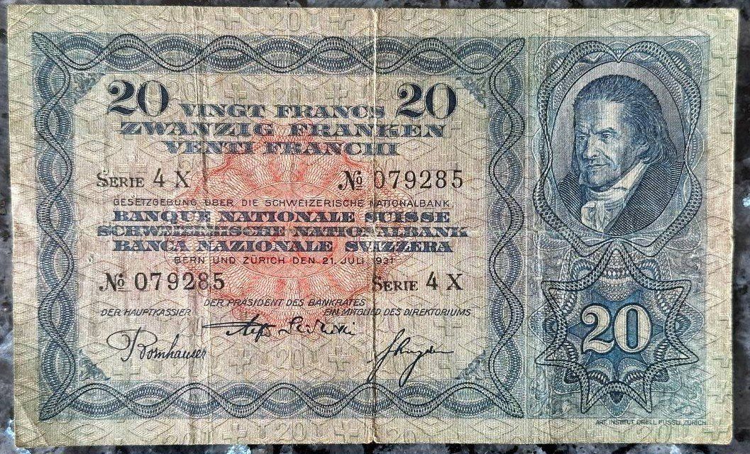 Banconote: 20 CHF Note, Jahr 1931 - Seltene Banknote! – Usato da Beringen venduto da Mantafisch1