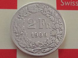 2 Franken 1909 ss, selten nur 0,3 Mio!