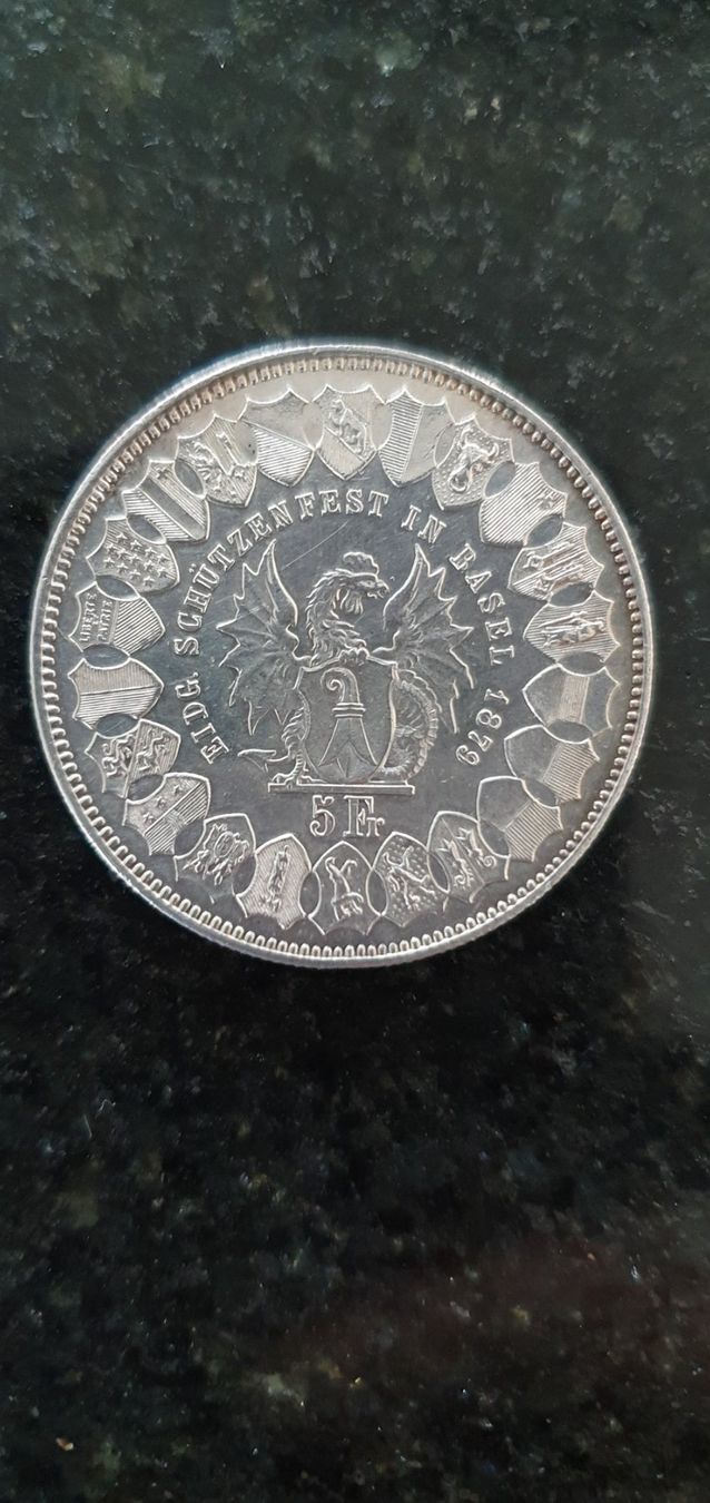 Alle Münzen: 5 Fr. Schützentaler Basel 1879, Silber – Gebraucht aus Wallenwil von Rainbow45 1