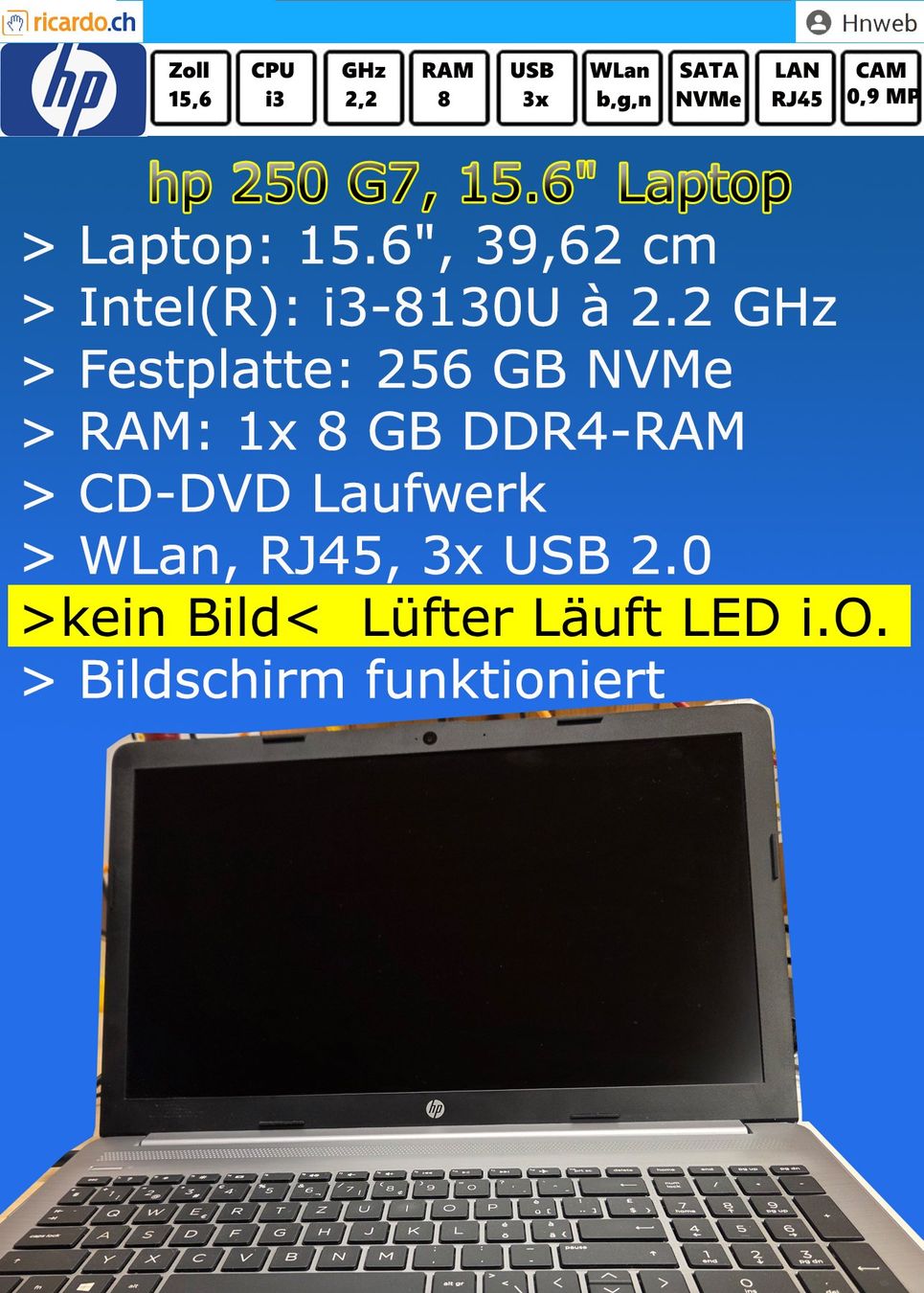 Hewlett Packard Notebook: hp 250 G7, 15.6" – Difettoso da Kaisten venduto da Hnweb