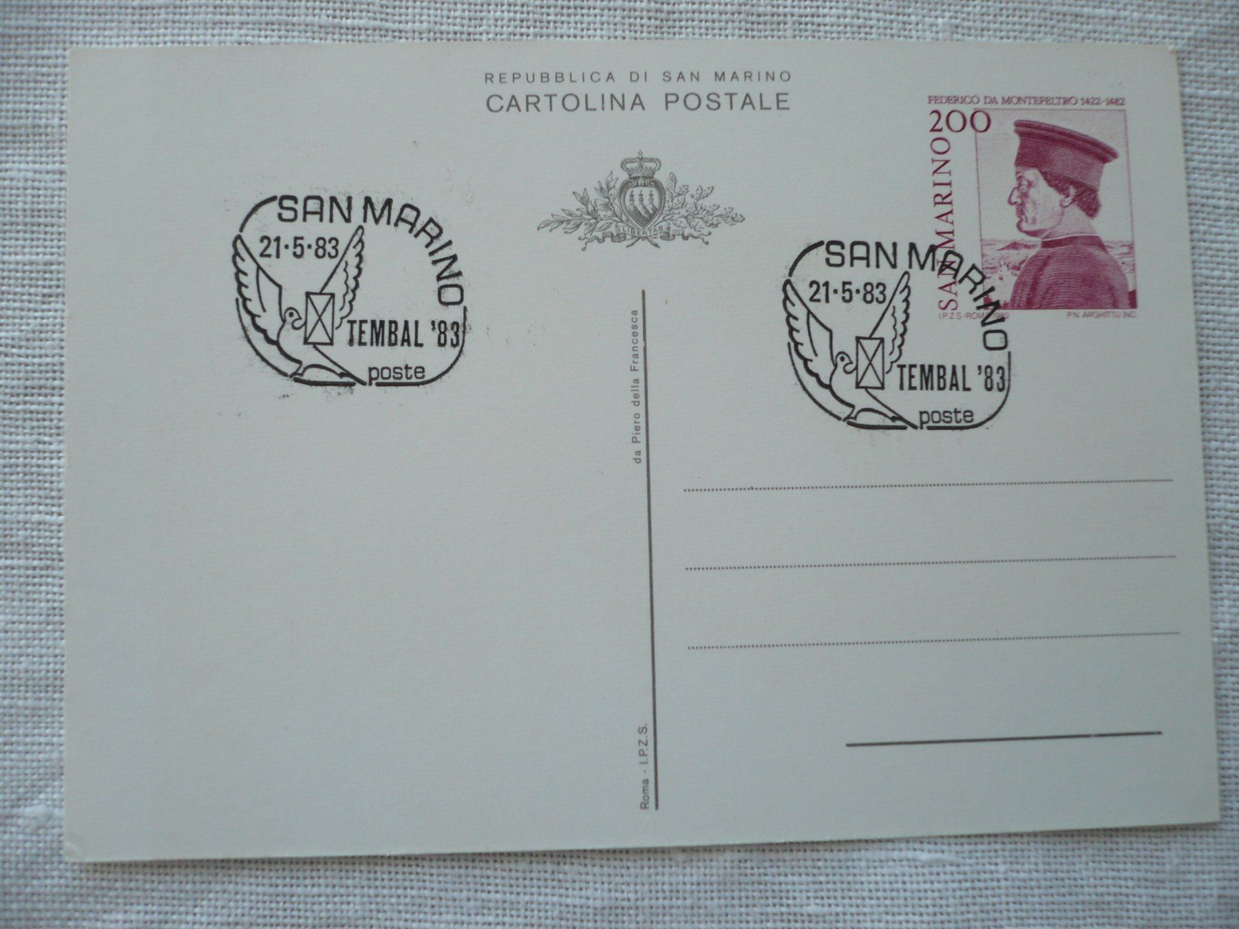 Tutti i francobolli: TEMBAL '83 1 Karte der Post SAN MARINO – Usato da Zürich venduto da saltandpepper008