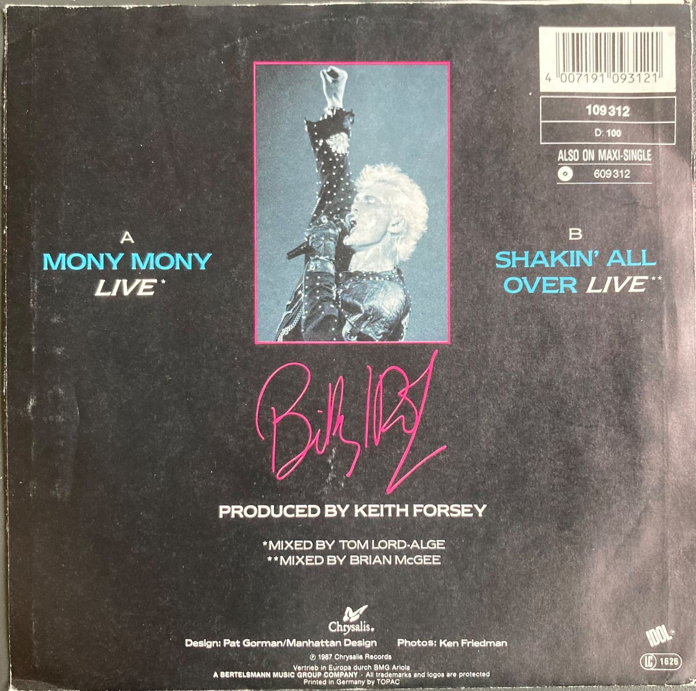 Vinyles: BILLY IDOL - MONY MONY (LIVE) – D'occasion à Poliez-Pittet par Newtown-Records 1