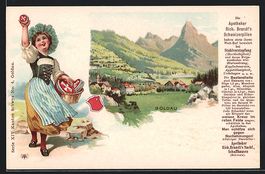 Litho Goldau, Panorama, Frau mit Korb, R