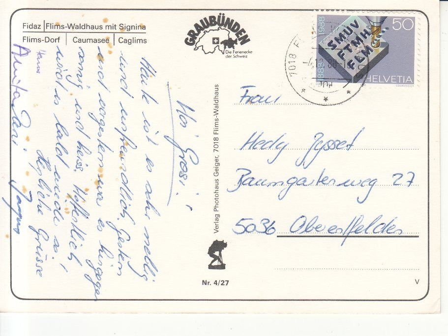 Cartoline postali: Flims  1988 – Usato da Bürglen TG venduto da StampGraf 1