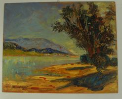 Bandelier Landschaft am See Oel auf Pavatex